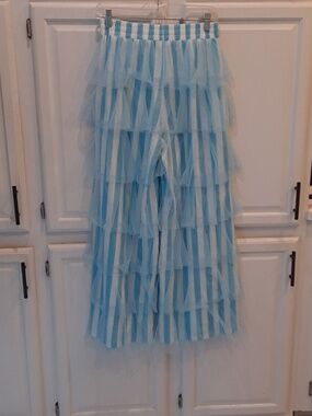 Retro Chic High Waist Blue & White Striped Mesh Ruffle Tiered Wide-Leg Pants